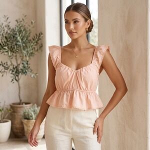 Celebrity Pink Women Top Peach Flutter Sleeve Peplum Lace Trim Square Neck Siz M